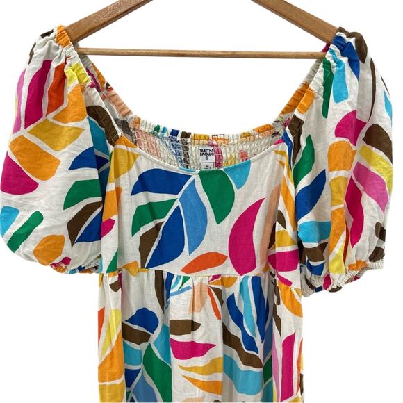 Tabitha Brown Linen Blend Botanical Smocked Puff Sleeve Tiered Dress Size Medium - Picture 4 of 14